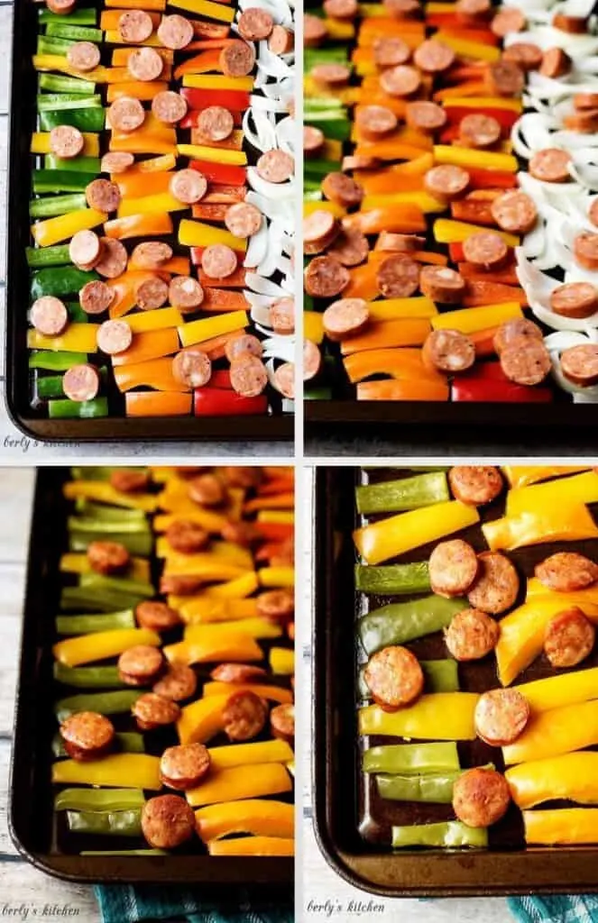 Collage of 4 pictures of sausage and peppers on sheet pans.