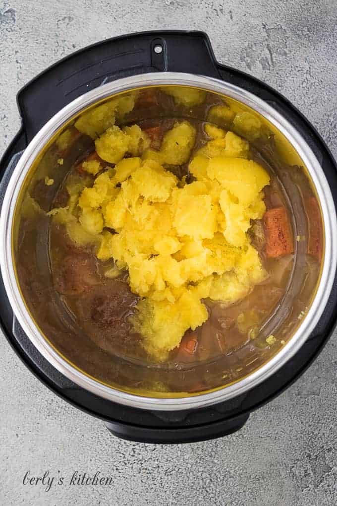 The ingredients have pressure cooked and are ready to blend.