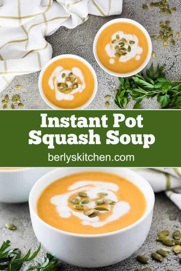 Three bowls of acorn squash soup topped with toasted seeds.