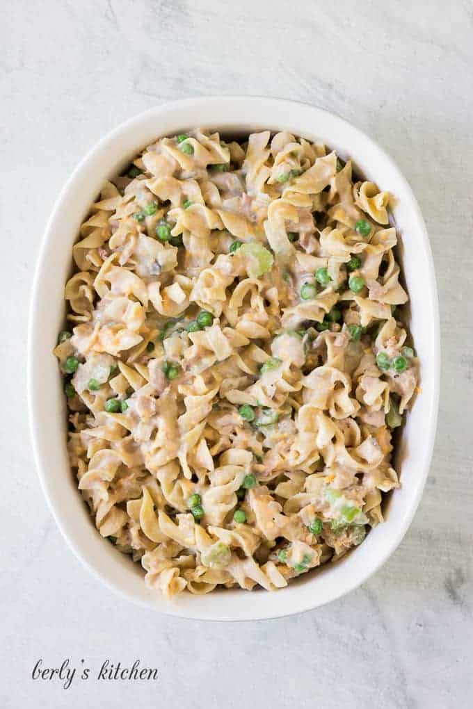 The casserole ingredients have been transferred to a baking dish.