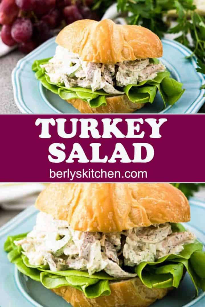 Two photos of turkey salad sandwiches served on flaky croissants.