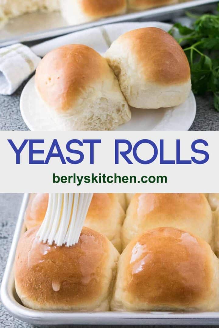 Multiple yeast rolls topped with melted butter and served on a saucer.