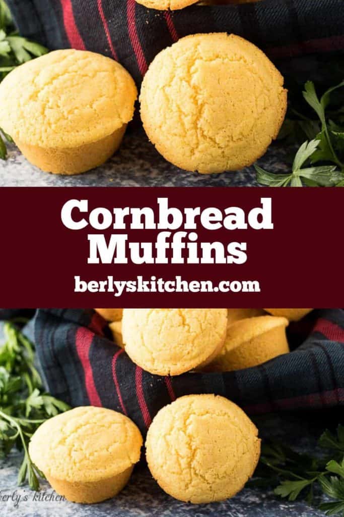 Two bundles of homemade cornbread muffins sitting on decorative towels.