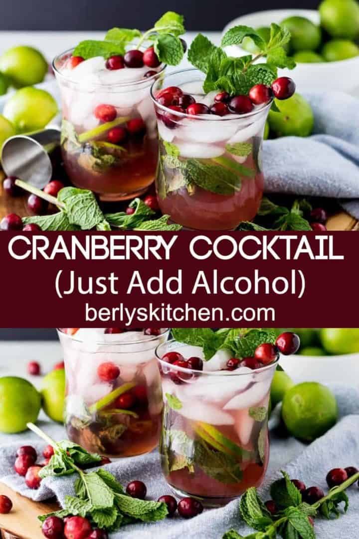 Four mock cranberry cocktails garnished with fresh mint and cranberries.