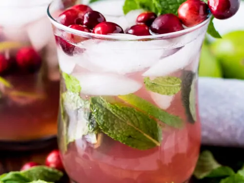 The finished mock cranberry cocktail garnished with some fresh mint.