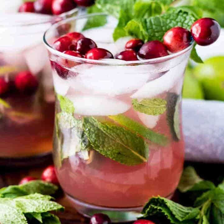 Mock Cranberry Cocktail The finished mock cranberry cocktail garnished with some fresh mint.