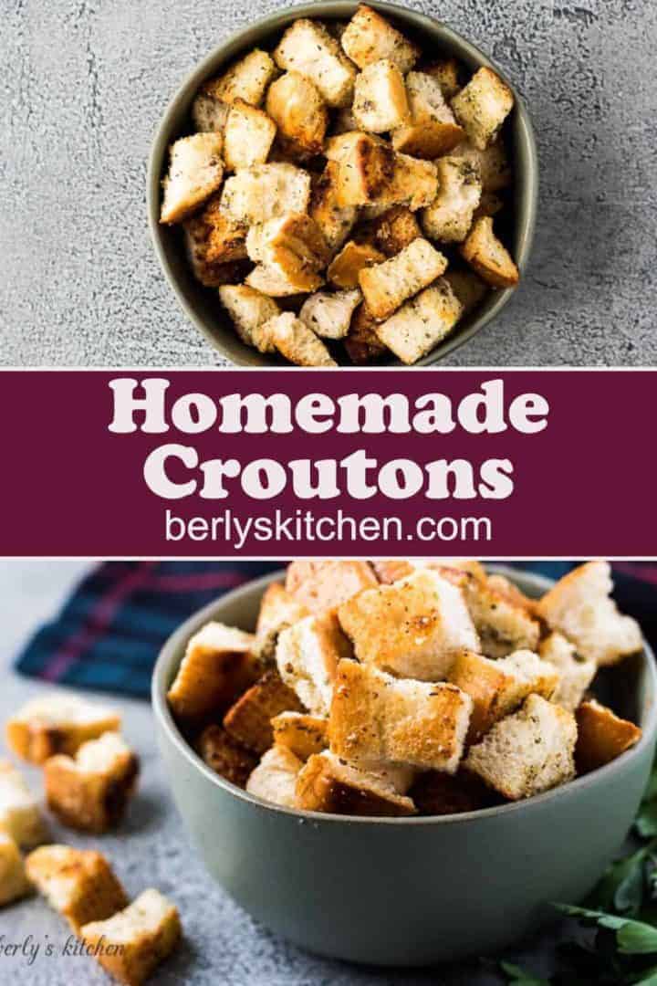 The toasted homemade croutons served in a small green bowl.