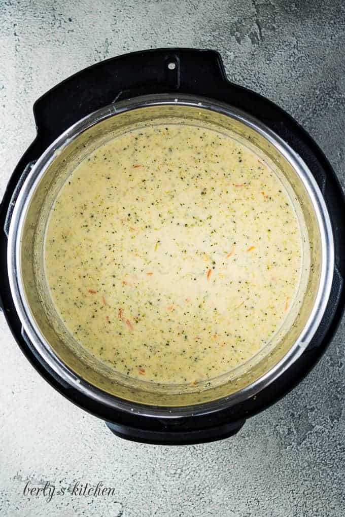 Aerial view of the broccoli cheese soup in the Instant Pot.