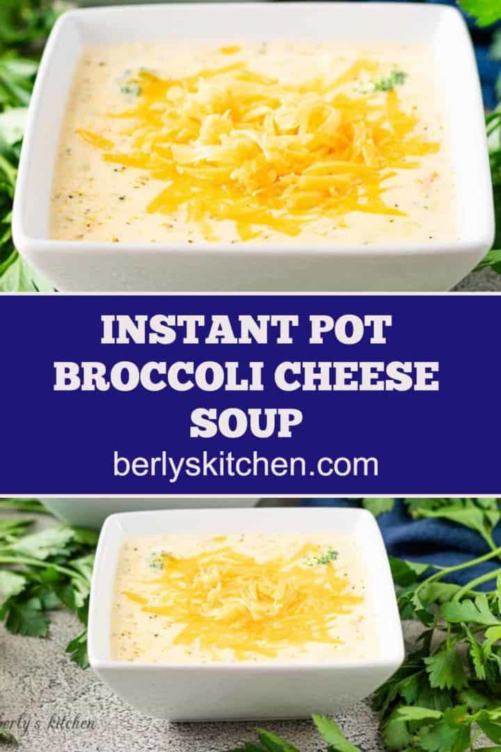 Two square bowls of Instant Pot broccoli cheese soup topped with cheddar.