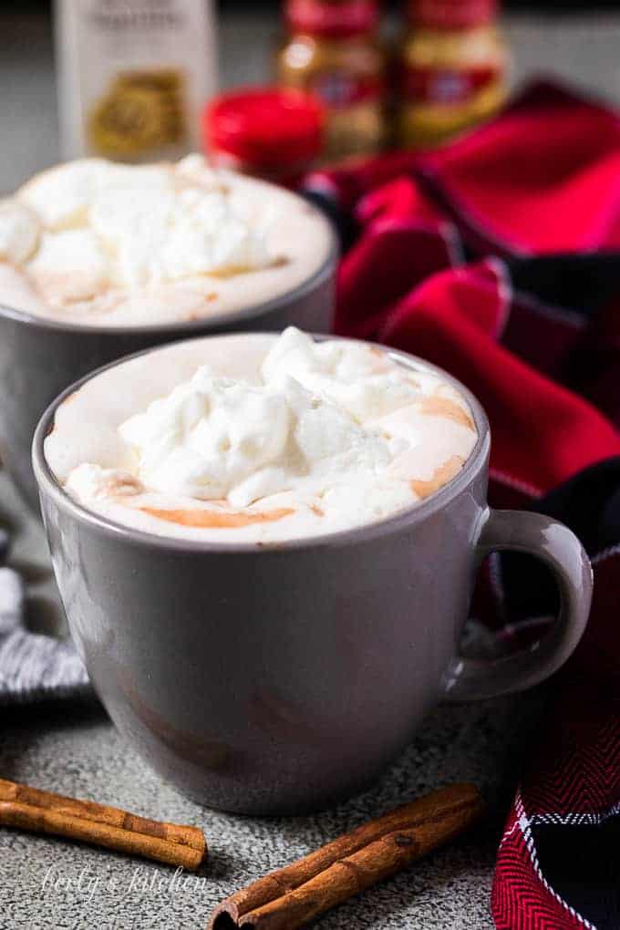 The finished Instant Pot gingerbread hot chocolate garnished with spices.