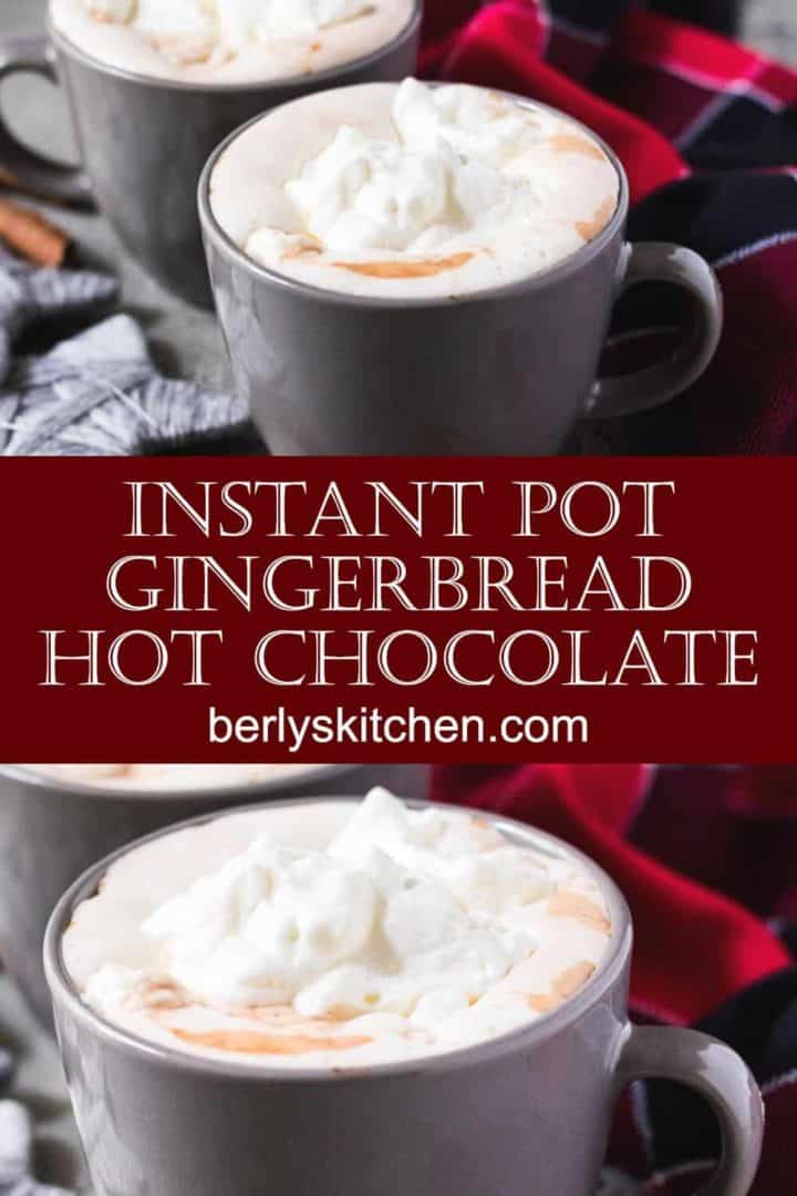 Three mugs of the Instant Pot Gingerbread Hot Chocolate with whipped cream.