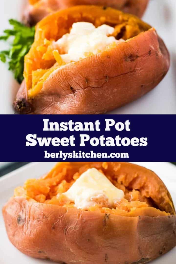 Two Instant Pot sweet potatoes split and topped with butter.