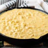 The macaroni and cheese recipe in a cast iron skillet.