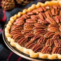 The pecan pie has baked and is ready to serve.