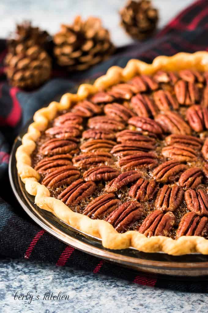 The pecan pie has baked and is ready to serve.