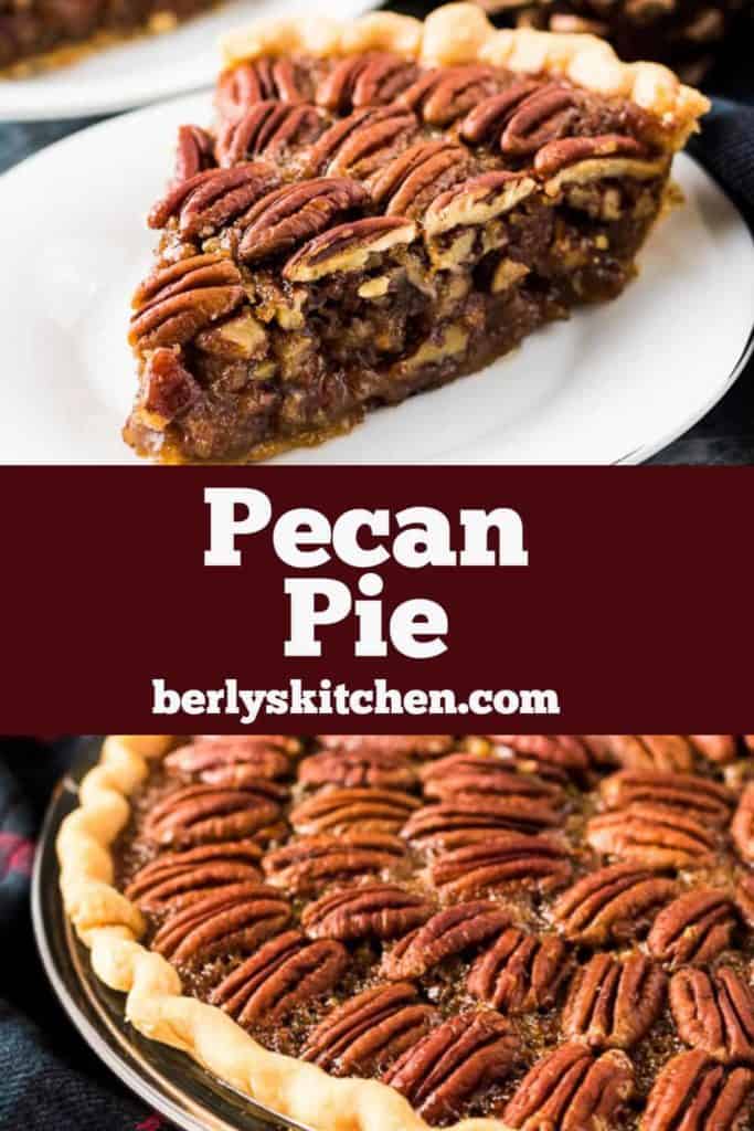 Two photos, with a label, showing the finished easy pecan pie.