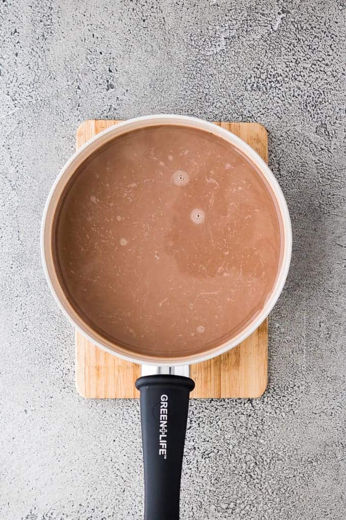 Coffee and peppermint combined with the ingredients in the saucepan.