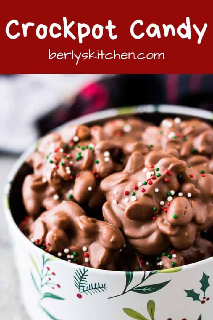 The chocolate crockpot candy served in a festive holiday tin.
