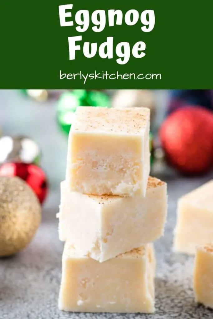 Eggnog fudge stacked up on a counter.