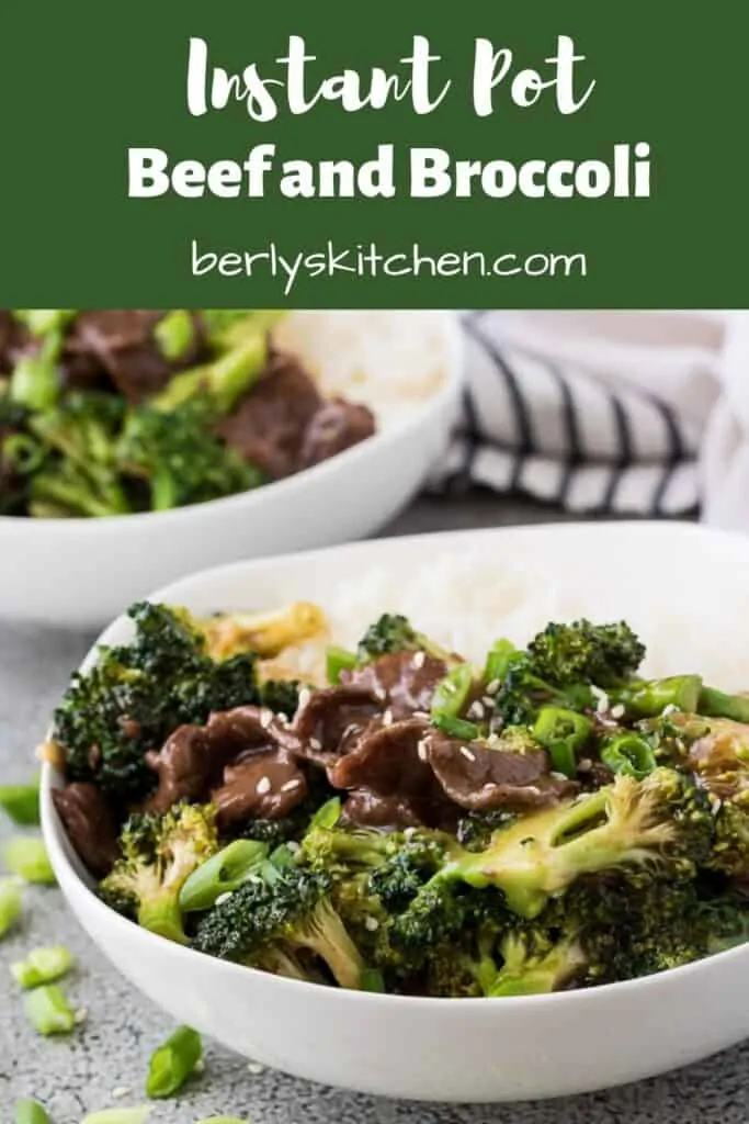 The Instant Pot beef broccoli served with rice and sesame seeds.