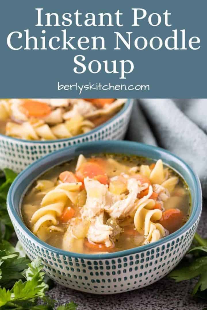 The instant pot chicken noodle soup served in decorative blue bowls.