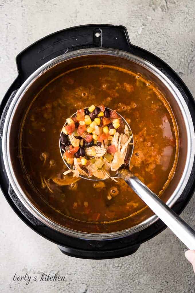 A ladle of soup being scooped from the pressure cooker.