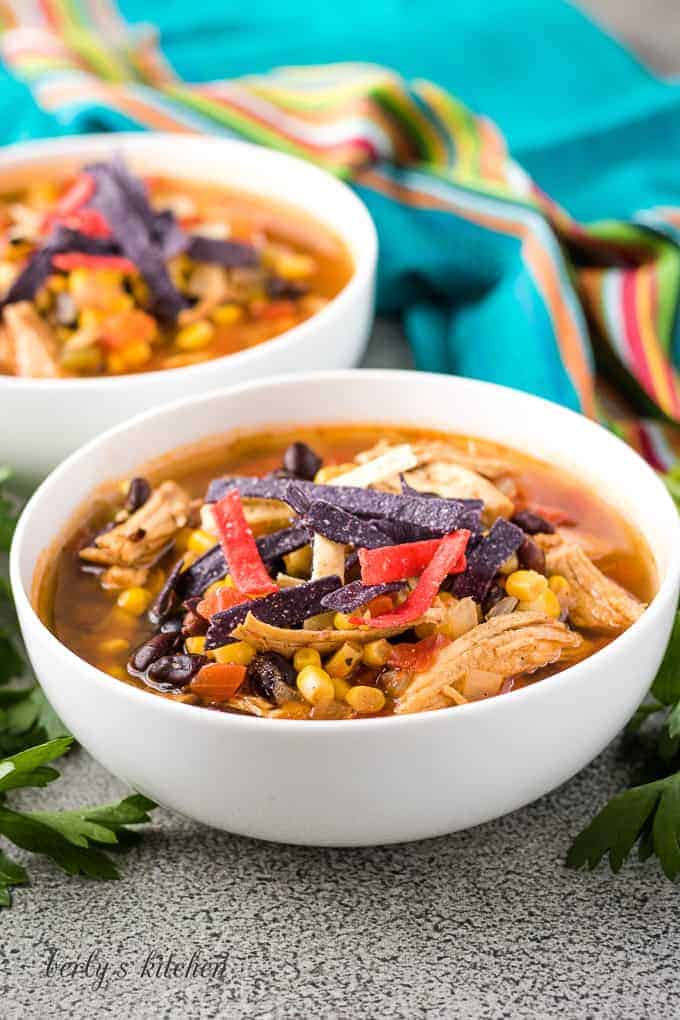 The soup topped with colorful fried tortilla strips before serving.