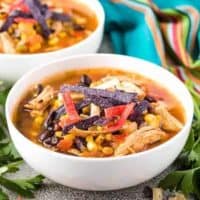 Two big bowls of the Instant Pot chicken tortilla soup.