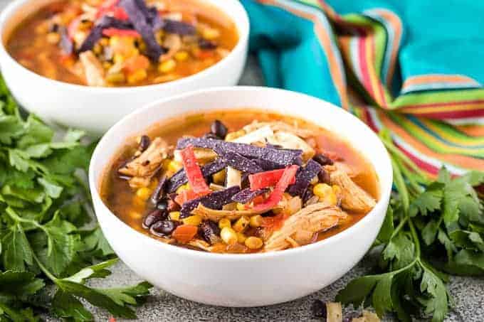 Two big bowls of the Instant Pot chicken tortilla soup.