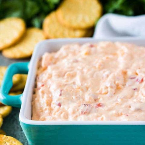 The cheese spread in a dish surrounded by round crackers.