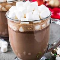 The hot cocoa served in a glass mug with marshmallows.