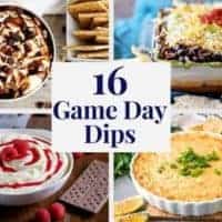 Two cheesecake dips and two savory dips in a collage.