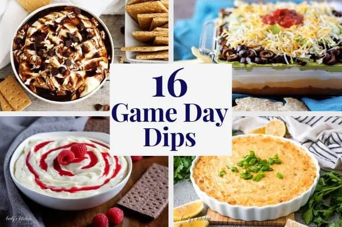 Four delicious game day dip recipes in a square collage.