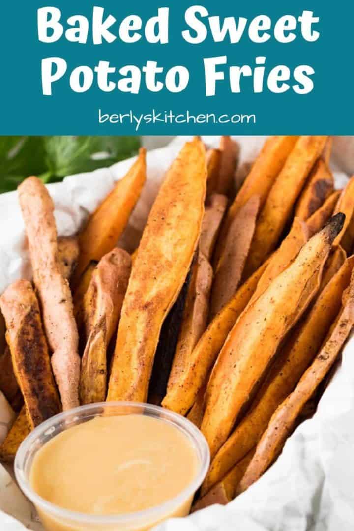Sweet potato fries with maple butter dipping sauce used for Pinterest.