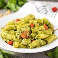 The chicken pesto pasta with grape tomatoes and red onions.
