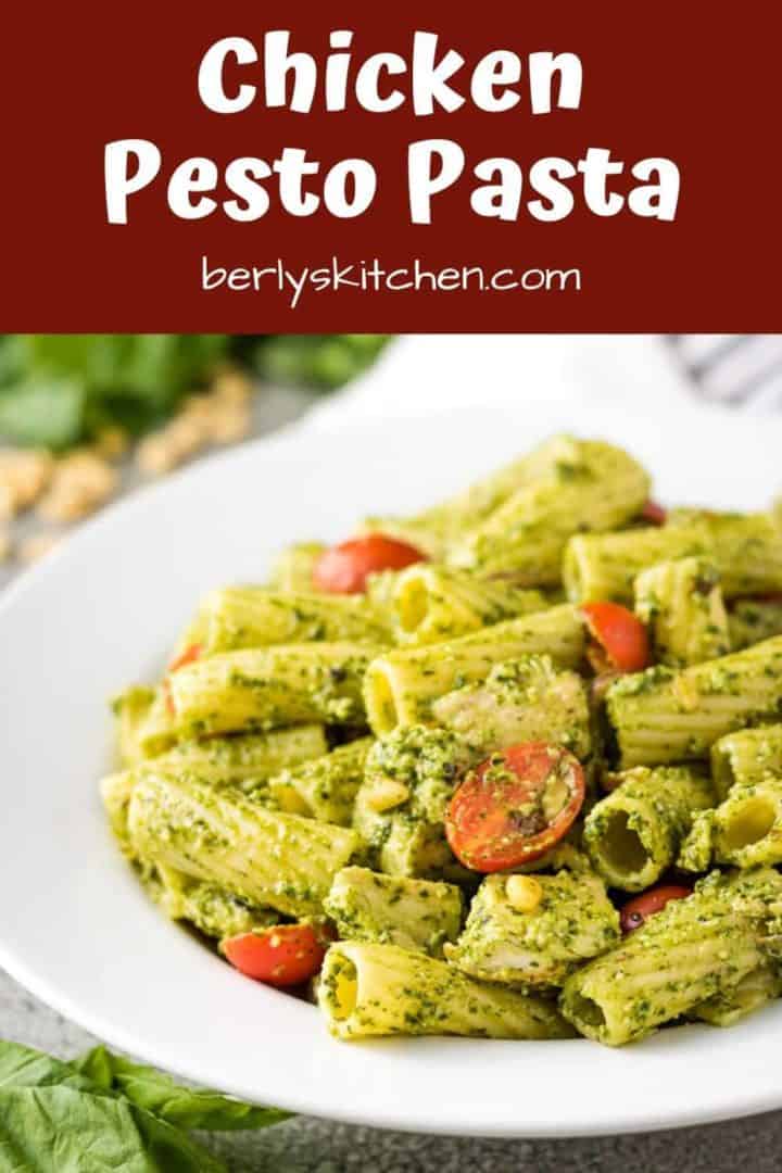 Chicken pesto pasta tossed with red onions and grape tomatoes.