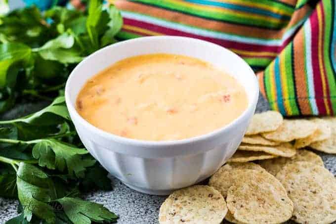 The easy instant pot cheese dip served with tortilla chips.