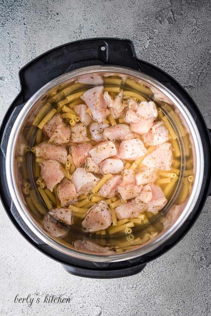 Raw chicken, noodles, and broth in the pressure cooker liner.