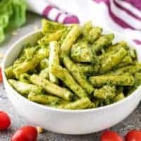 The Instant Pot pesto chicken pasta served in a bowl.
