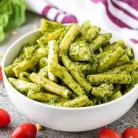 The Instant Pot pesto chicken pasta served in a bowl.