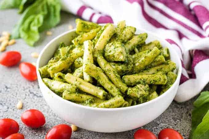 The instant pot pesto chicken pasta served in a bowl.