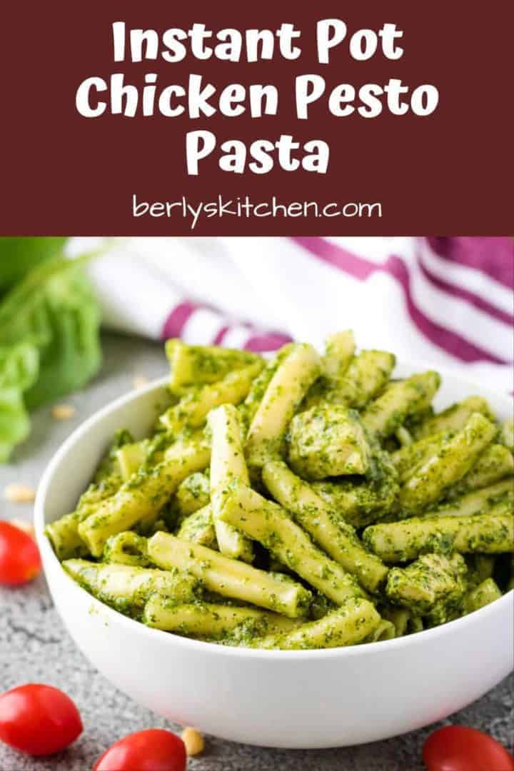 A serving of the instant pot pesto chicken pasta in a bowl.