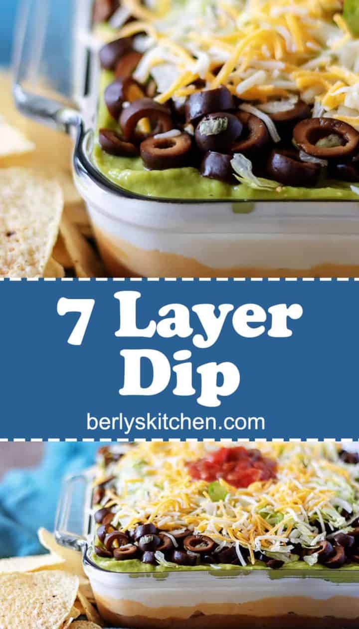 Two photos of 7 layer dip in a collage.