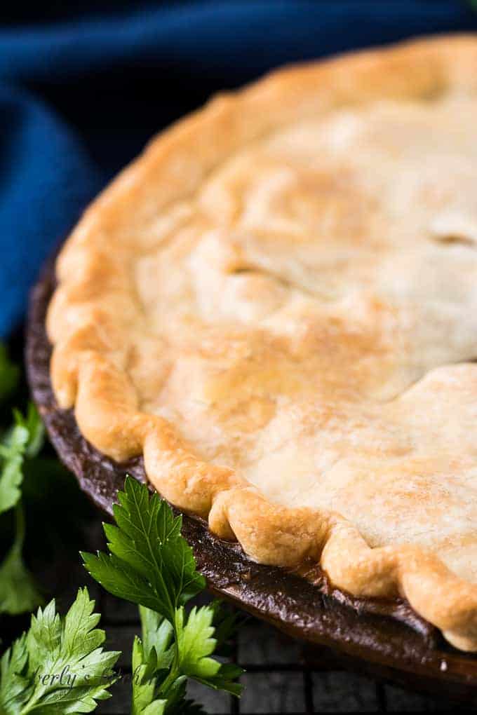 A close-up of the golden brown crust on the pie.