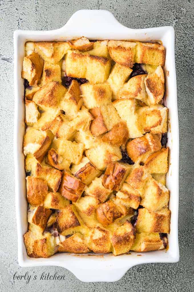 The French toast casserole has baked and is ready for sauce.