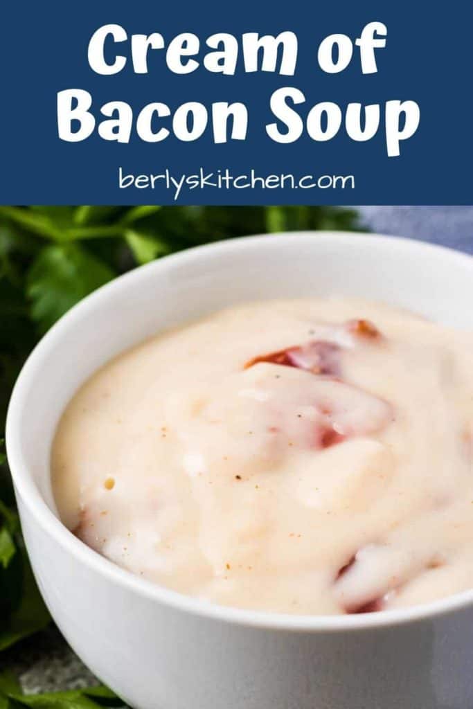 The cream of bacon soup up close showing bits of bacon.