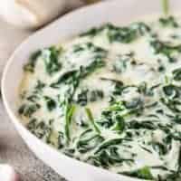 A close-up of the creamed spinach in the serving bowl.