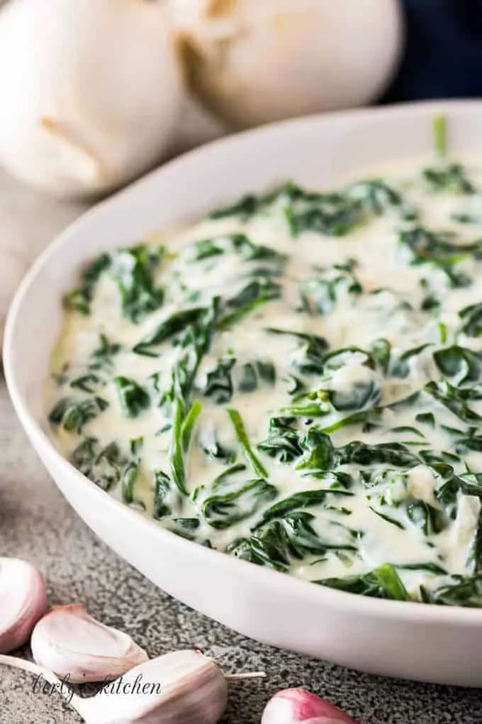 A close-up of the creamed spinach in the serving bowl.