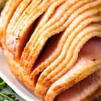 A close-up of the finished baked ham.
