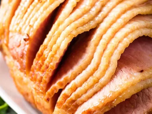 A close-up of the finished baked ham.